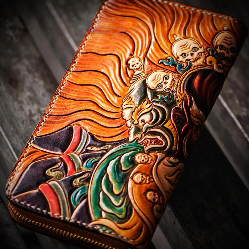 Handmade Leather Tooled Mah??k??la Mens Zipper Long Wallet Cool Leather Wristlet Wallet for Men