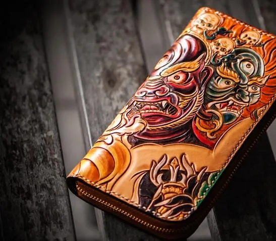 Handmade Leather Tooled Mah??k??la Mens Zipper Long Wallet Cool Leather Wristlet Wallet for Men