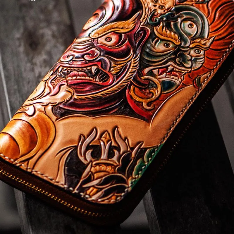 Handmade Leather Tooled Mah??k??la Mens Zipper Long Wallet Cool Leather Wristlet Wallet for Men