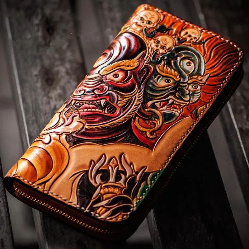Handmade Leather Tooled Mah??k??la Mens Zipper Long Wallet Cool Leather Wristlet Wallet for Men