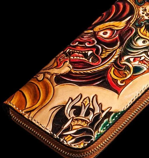 Handmade Leather Tooled Mah??k??la Mens Zipper Long Wallet Cool Leather Wristlet Wallet for Men