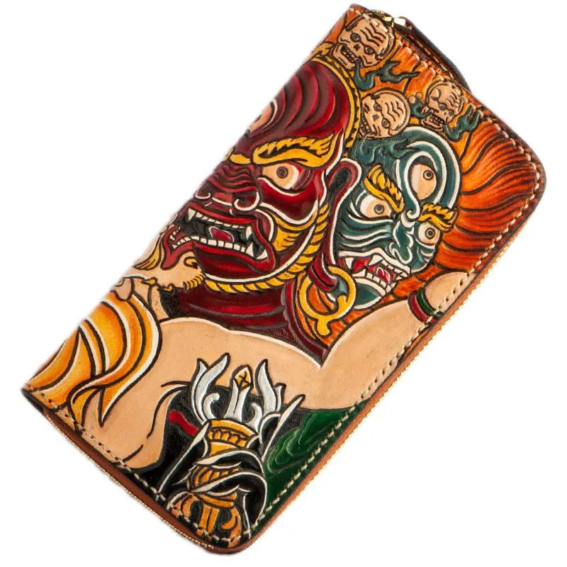 Handmade Leather Tooled Mah??k??la Mens Zipper Long Wallet Cool Leather Wristlet Wallet for Men