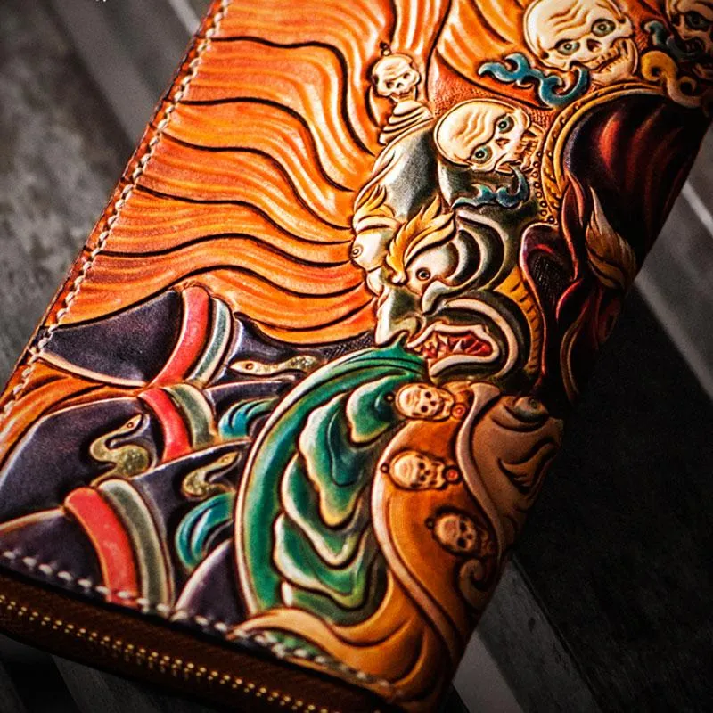 Handmade Leather Tooled Mah??k??la Mens Zipper Long Wallet Cool Leather Wristlet Wallet for Men