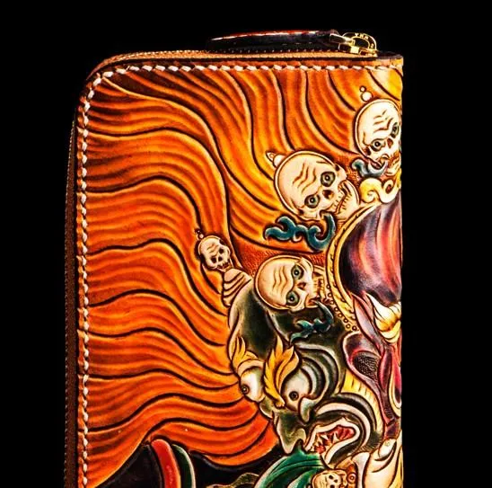 Handmade Leather Tooled Mah??k??la Mens Zipper Long Wallet Cool Leather Wristlet Wallet for Men