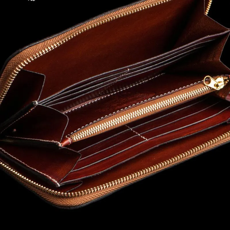 Handmade Leather Tooled Mah??k??la Mens Zipper Long Wallet Cool Leather Wristlet Wallet for Men