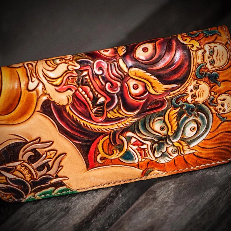 Handmade Leather Tooled Mah??k??la Mens Zipper Long Wallet Cool Leather Wristlet Wallet for Men