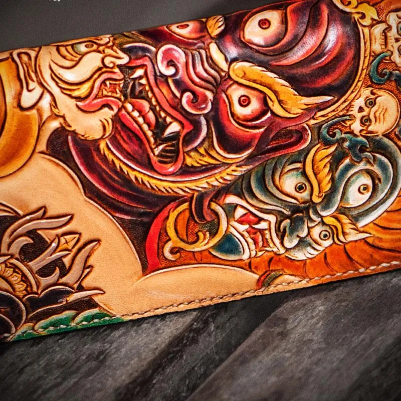 Handmade Leather Tooled Mah??k??la Mens Zipper Long Wallet Cool Leather Wristlet Wallet for Men