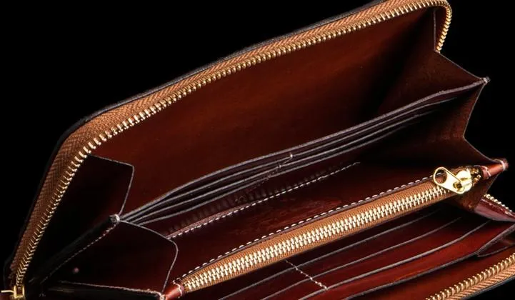 Handmade Leather Tooled Mah??k??la Mens Zipper Long Wallet Cool Leather Wristlet Wallet for Men