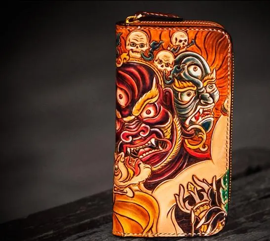 Handmade Leather Tooled Mah??k??la Mens Zipper Long Wallet Cool Leather Wristlet Wallet for Men