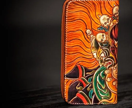 Handmade Leather Tooled Mah??k??la Mens Zipper Long Wallet Cool Leather Wristlet Wallet for Men