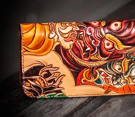 Handmade Leather Tooled Mah??k??la Mens Zipper Long Wallet Cool Leather Wristlet Wallet for Men