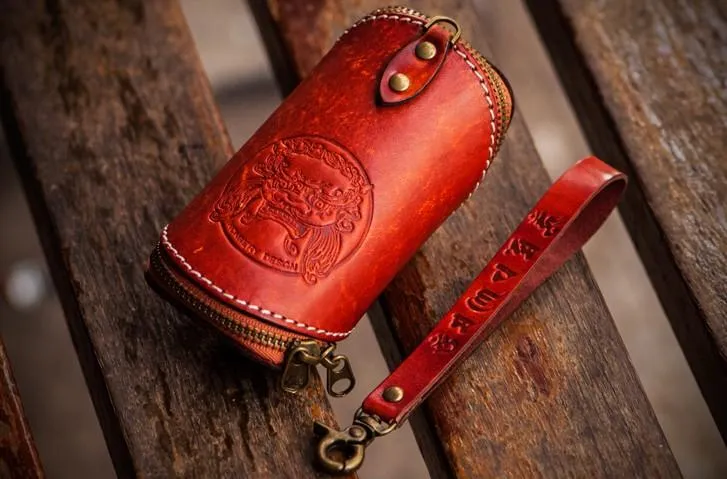 Handmade Leather Tooled Mens Cool Car Key Wallet Coin Wallet Pouch Car KeyChain for Men