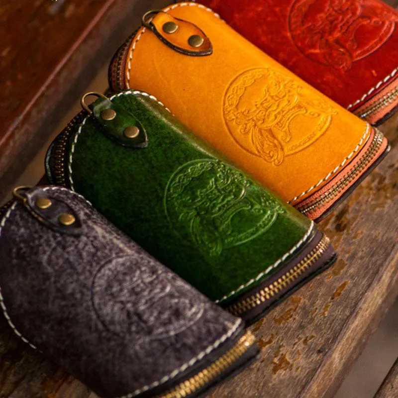 Handmade Leather Tooled Mens Cool Car Key Wallet Coin Wallet Pouch Car KeyChain for Men