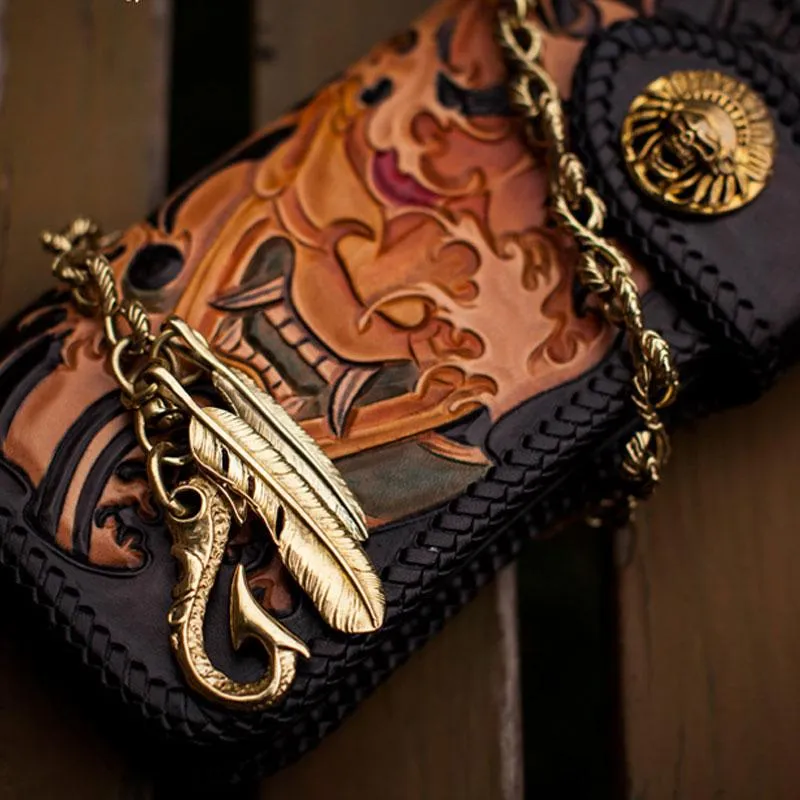 Handmade Leather Tooled Prajna Mens Chain Biker Wallet Cool Leather Long Wallet With Chain Wallets for Men