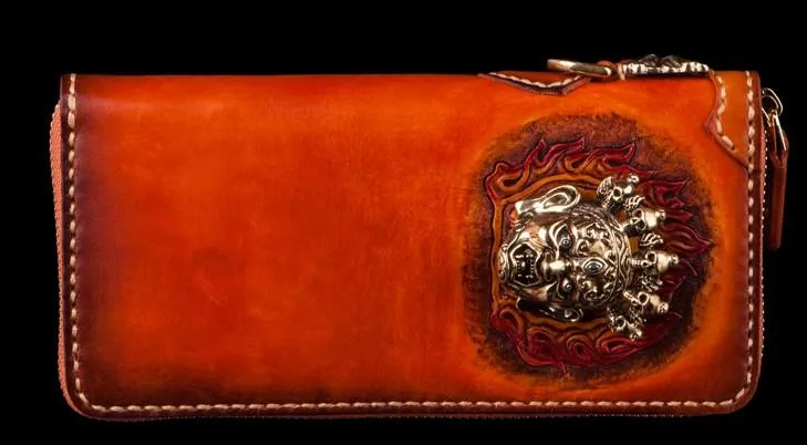 Handmade Leather Tooled Tibetan Mens Chain Biker Wallet Cool Leather Wallet Long Clutch Wallets for Men