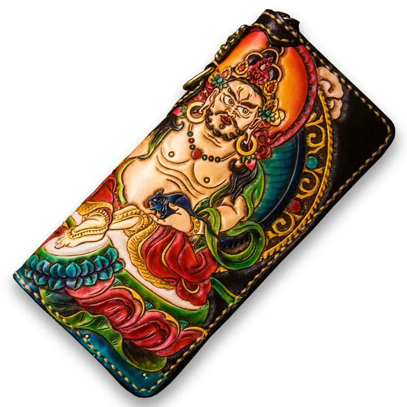 Handmade Leather Tooled Yellow Jambhala Mens Chain Biker Wallets Cool Leather Wallet Zipper Long Wallets for Men