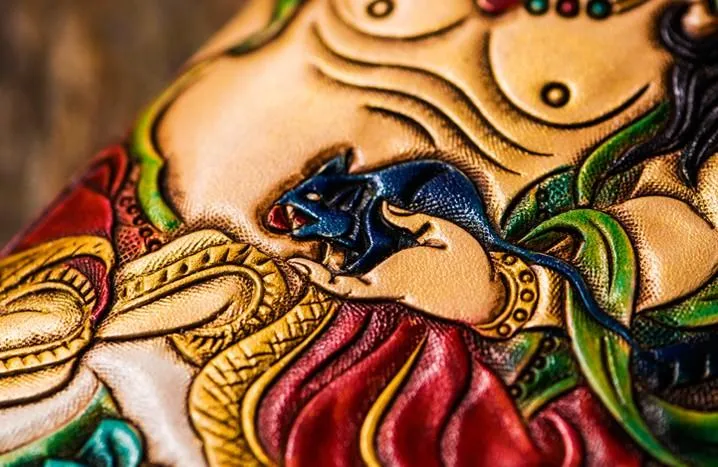 Handmade Leather Tooled Yellow Jambhala Mens Chain Biker Wallets Cool Leather Wallet Zipper Long Wallets for Men