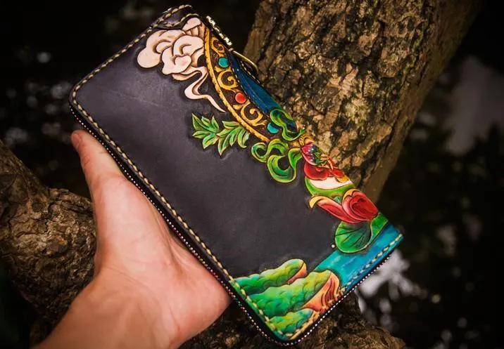Handmade Leather Tooled Yellow Jambhala Mens Chain Biker Wallets Cool Leather Wallet Zipper Long Wallets for Men