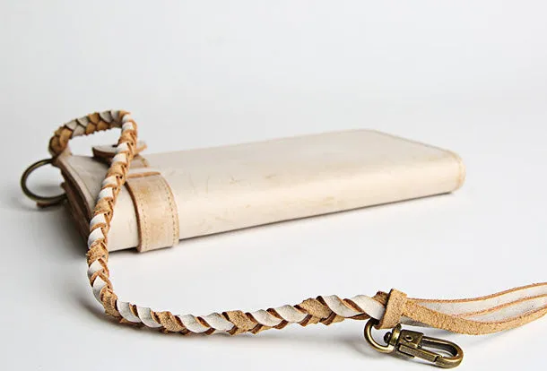 Handmade leather trucker wallet chain biker wallet long wallet beige leather men