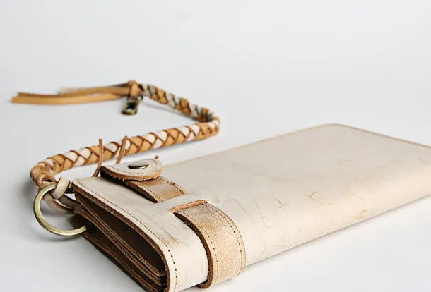 Handmade leather trucker wallet chain biker wallet long wallet beige leather men