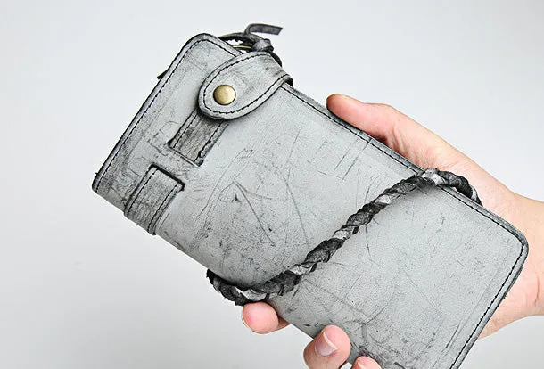 Handmade leather trucker wallet chain biker wallet long wallet beige leather men