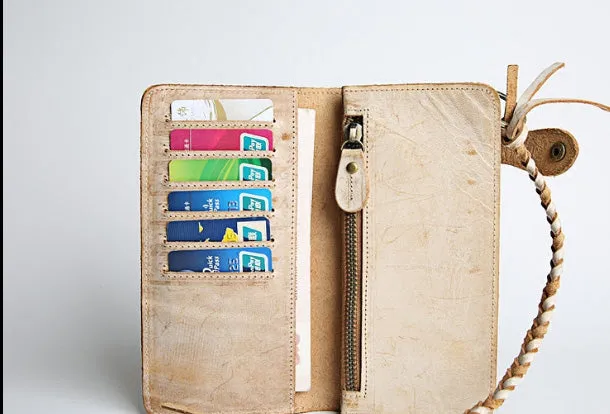 Handmade leather trucker wallet chain biker wallet long wallet beige leather men