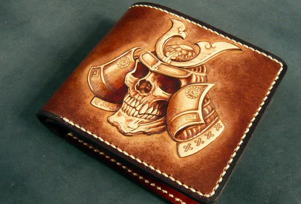 Handmade leather wallet men Japanese general Skull carved leather billfold wallet for him