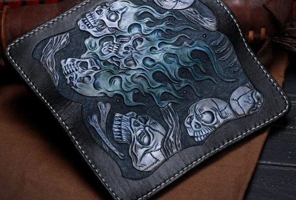 Handmade Leather Wallet Skull Wallet Tooled Leather Wallet Biker Wallet Wallets With Skulls