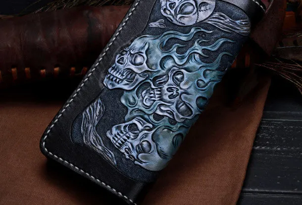 Handmade Leather Wallet Skull Wallet Tooled Leather Wallet Biker Wallet Wallets With Skulls