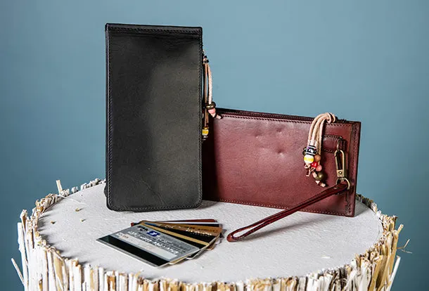 Handmade Leather Wristlet Wallet Clutch Zip Cards Wallet Long Wallet For Men Women