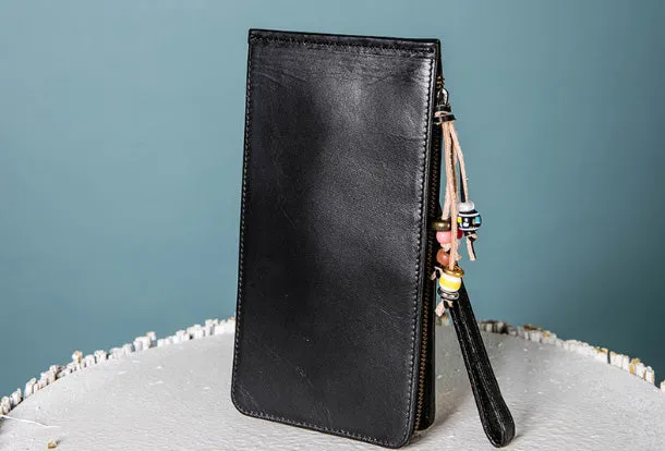 Handmade Leather Wristlet Wallet Clutch Zip Cards Wallet Long Wallet For Men Women
