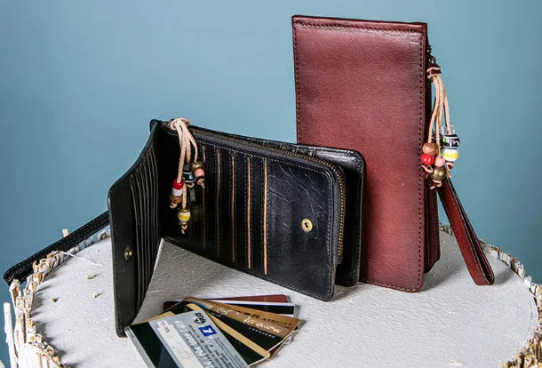 Handmade Leather Wristlet Wallet Clutch Zip Cards Wallet Long Wallet For Men Women