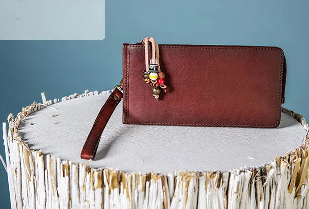 Handmade Leather Wristlet Wallet Clutch Zip Cards Wallet Long Wallet For Men Women