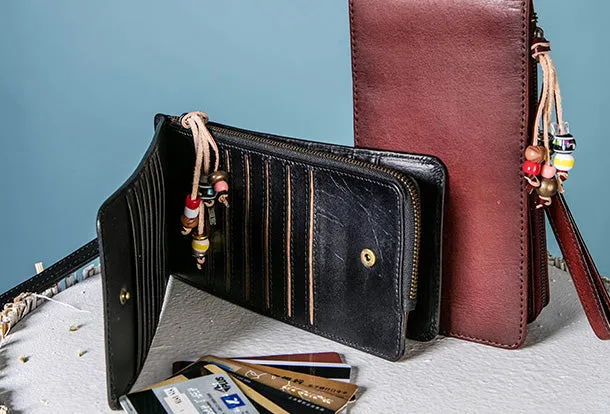 Handmade Leather Wristlet Wallet Clutch Zip Cards Wallet Long Wallet For Men Women