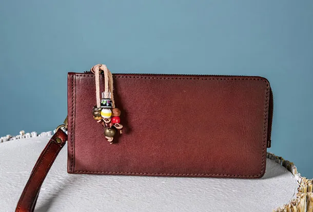 Handmade Leather Wristlet Wallet Clutch Zip Cards Wallet Long Wallet For Men Women