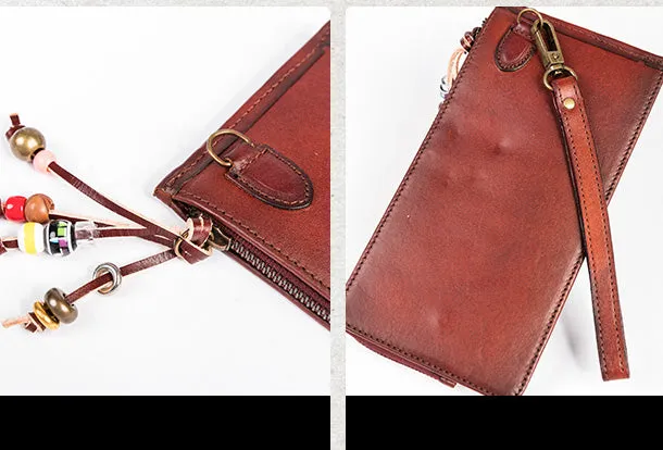 Handmade Leather Wristlet Wallet Clutch Zip Cards Wallet Long Wallet For Men Women