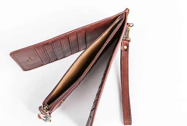 Handmade Leather Wristlet Wallet Clutch Zip Cards Wallet Long Wallet For Men Women