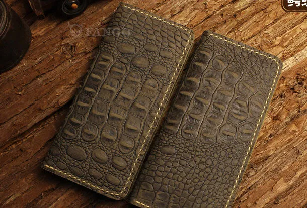 Handmade long leather wallet crocodile zipper leather clutch wallet for men