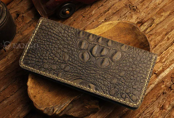 Handmade long leather wallet crocodile zipper leather clutch wallet for men