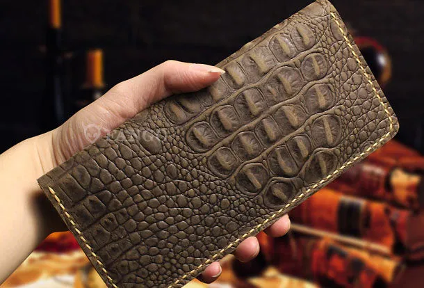 Handmade long leather wallet crocodile zipper leather clutch wallet for men