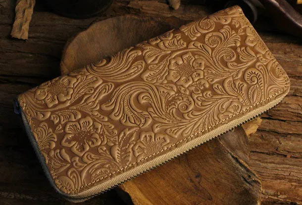 Handmade long leather wallet floral leather clutch wallet for women men zipper