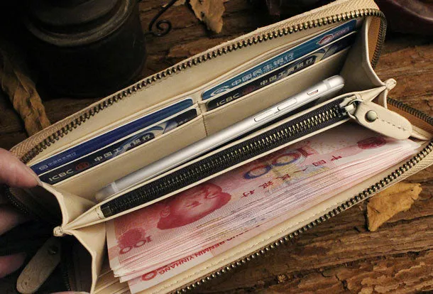Handmade long leather wallet floral leather clutch wallet for women men zipper