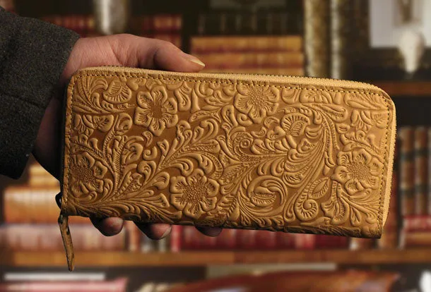 Handmade long leather wallet floral leather clutch wallet for women men zipper
