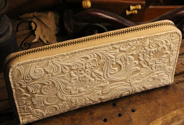 Handmade long leather wallet floral leather clutch wallet for women men zipper