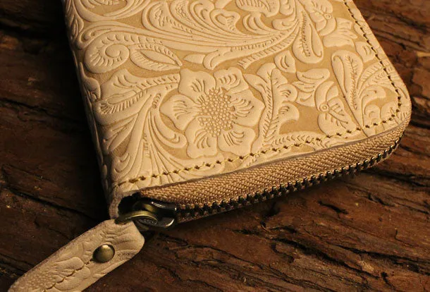 Handmade long leather wallet floral leather clutch wallet for women men zipper