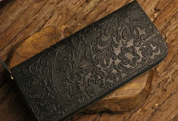 Handmade long leather wallet floral leather clutch wallet for women men zipper