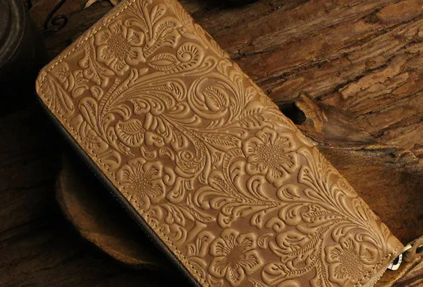 Handmade long leather wallet floral leather clutch wallet for women men zipper