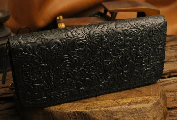 Handmade long leather wallet floral leather clutch wallet for women men zipper