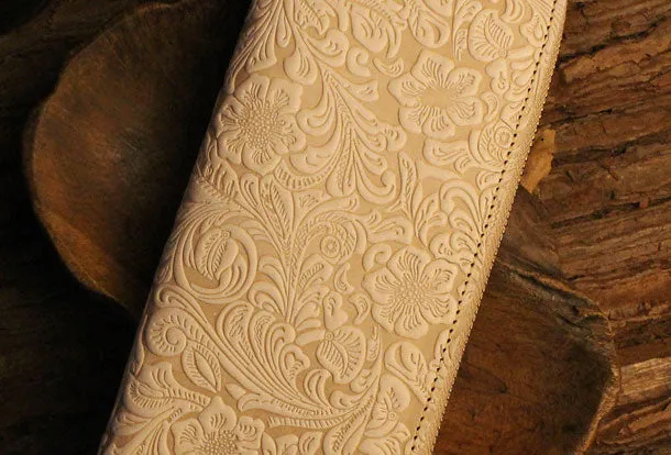 Handmade long leather wallet floral leather clutch wallet for women men zipper