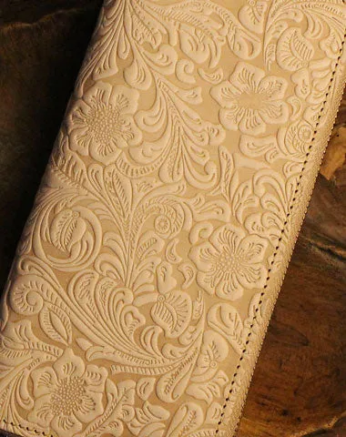 Handmade long leather wallet floral leather clutch wallet for women men zipper